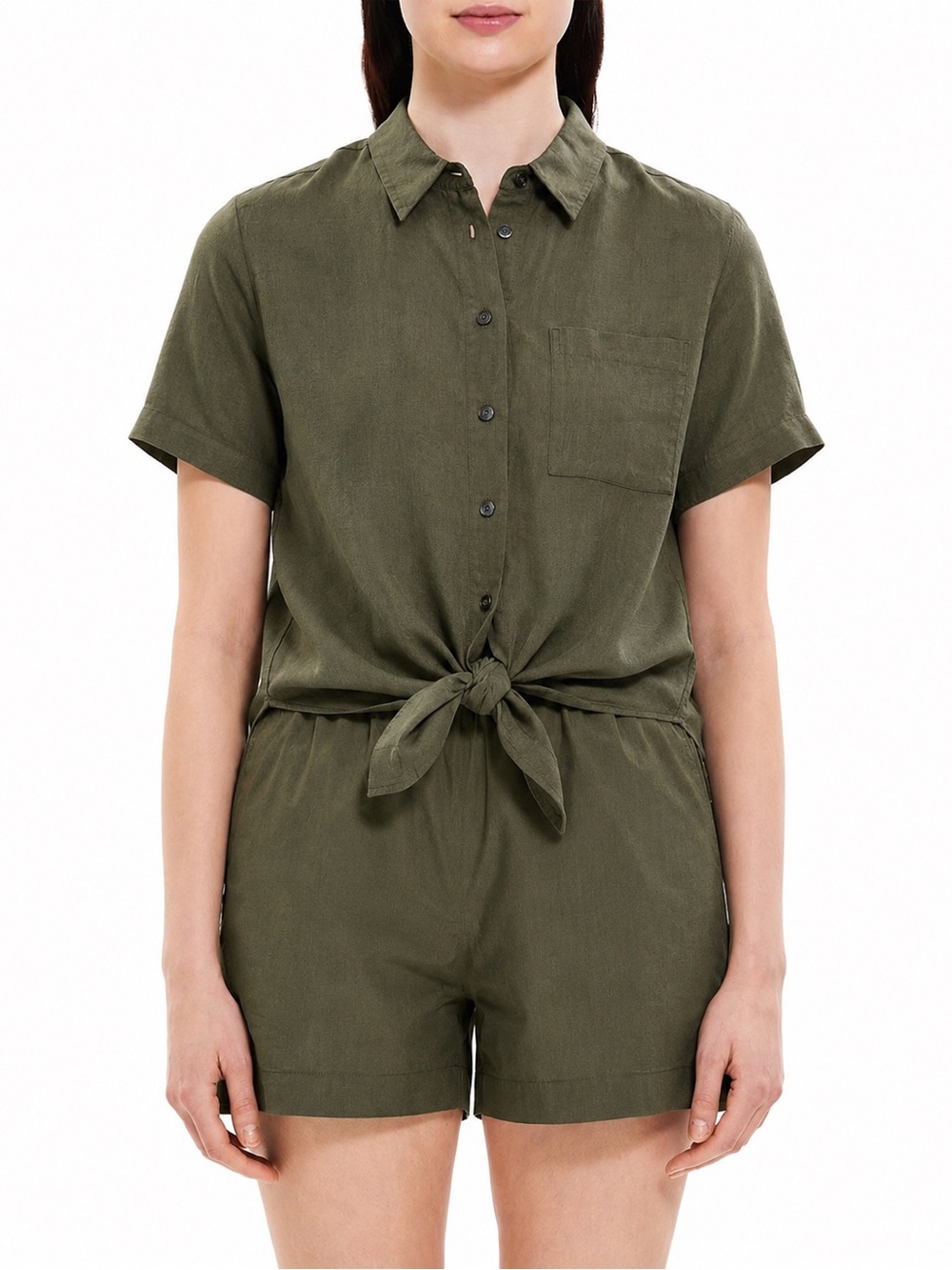 Theory 100% Linen Olive Green Tie Front Button Up Shirt Coastal Minimal Size M